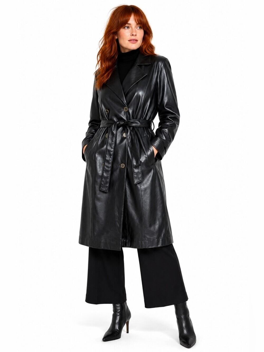 Marc New York Andrew Marc Black Faux Leather Trench Coat L Belt Double Breasted